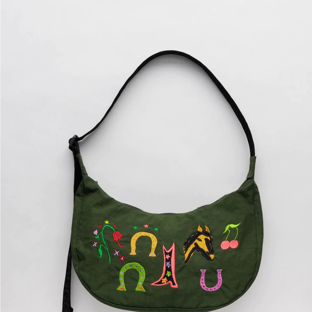 Baggu x Jessica Williams Medium Nylon Green Crescent Bag Embroidered Western